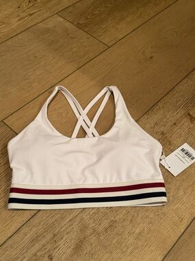 Vici White Crisscross Sports Bra with Red and Navy Stripe Band
